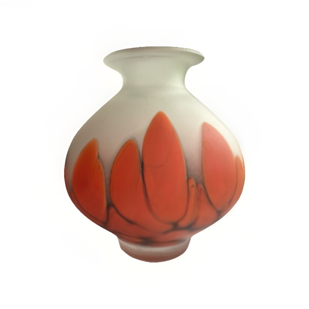 Polish Art Glass Vase Tarnowiec White Frosted w/ Orange Flame Petals 8"